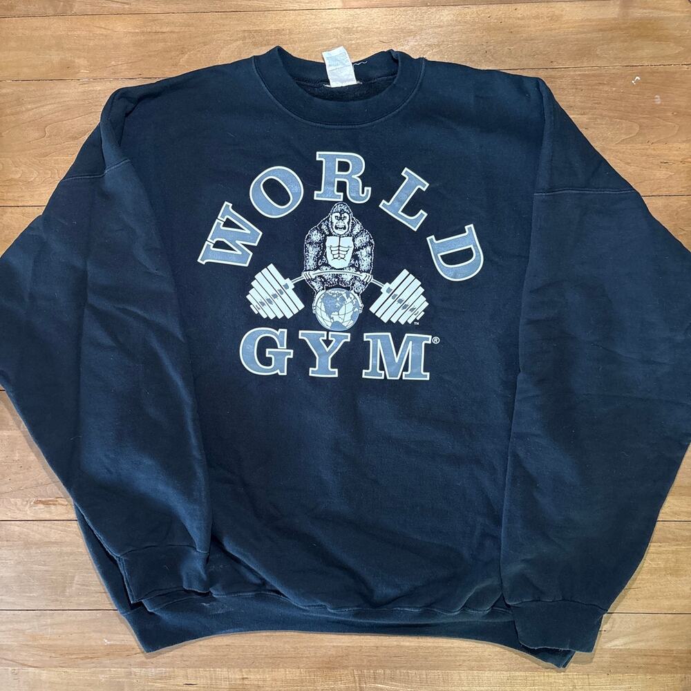 Vintage World Gym Gorilla Crewneck Sweatshirt Black Bodybuilding Pullover 90 XXL
